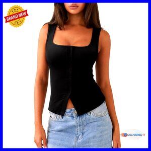 Sexy Ribbed Square Neck Button Down Crop Tank Top Sleeveless Y2K